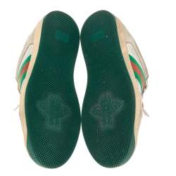 Pre Owned Gucci Grey/Green Perforated Leather And Nubuck Leather Screener Low Top Sneakers Size 36