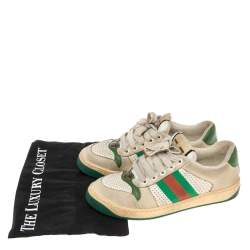 Pre Owned Gucci Grey/Green Perforated Leather And Nubuck Leather Screener Low Top Sneakers Size 36