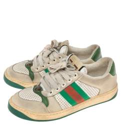 Pre Owned Gucci Grey/Green Perforated Leather And Nubuck Leather Screener Low Top Sneakers Size 36