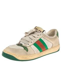 Pre Owned Gucci Grey/Green Perforated Leather And Nubuck Leather Screener Low Top Sneakers Size 36