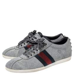 Gucci Silver Glitter Bambi Web Low-Top Sneakers Size 36.5