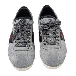 Gucci Silver Glitter Bambi Web Low-Top Sneakers Size 36.5