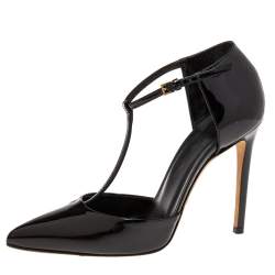 Pre Owned Gucci Black Patent Leather Pointed Toe T Strap Pumps Size 36
