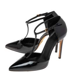 Pre Owned Gucci Black Patent Leather Pointed Toe T Strap Pumps Size 36
