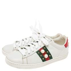 Pre Owned حذاء رياضي غوتشي أيس جلد أبيض مرصع برباط مقاس 36