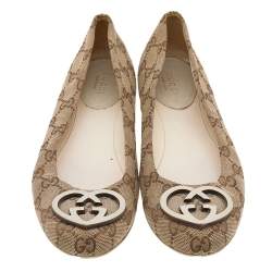 Pre Owned Gucci Beige GG Canvas Heart Shaped Interlocking GG Ballet Flats Size 36