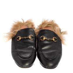 Pre Owned Gucci Black Leather Horsebit Princetown Horsebit Flat Mules Size 38