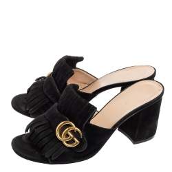 Pre Owned صندل سلايد غوتشي جي جي مارمونت سويدي أسود بشراشيب مقاس 39.5