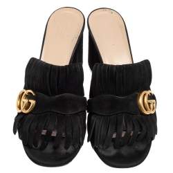 Pre Owned صندل سلايد غوتشي جي جي مارمونت سويدي أسود بشراشيب مقاس 39.5