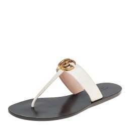 Gucci Off-White Leather GG Marmont Flat Thong Sandals Size 39