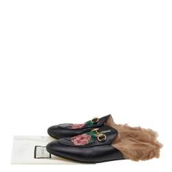 Pre Owned Gucci Black Floral Embroidered Leather Fur Lined Princetown Horsebit Flat Mules Size 39
