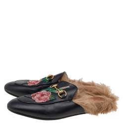 Pre Owned Gucci Black Floral Embroidered Leather Fur Lined Princetown Horsebit Flat Mules Size 39
