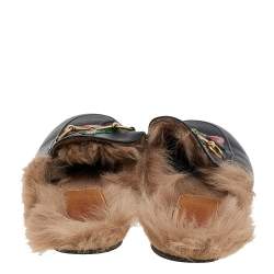 Pre Owned Gucci Black Floral Embroidered Leather Fur Lined Princetown Horsebit Flat Mules Size 39