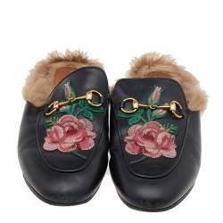 Pre Owned Gucci Black Floral Embroidered Leather Fur Lined Princetown Horsebit Flat Mules Size 39