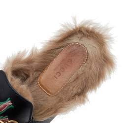 Pre Owned Gucci Black Floral Embroidered Leather Fur Lined Princetown Horsebit Flat Mules Size 39