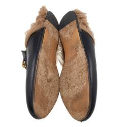 Pre Owned Gucci Black Floral Embroidered Leather Fur Lined Princetown Horsebit Flat Mules Size 39