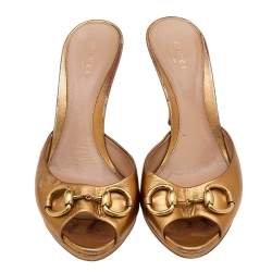 Pre Owned Gucci Metallic Gold Leather Horsebit Peep Toe Slide Sandals Size 39