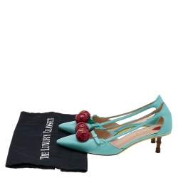 مملوكة مسبقًا Gucci Aqua Blue Leather Unia Cherry Bamboo Heel Pointed Toe Pumps Size 35