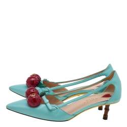 مملوكة مسبقًا Gucci Aqua Blue Leather Unia Cherry Bamboo Heel Pointed Toe Pumps Size 35