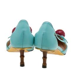 مملوكة مسبقًا Gucci Aqua Blue Leather Unia Cherry Bamboo Heel Pointed Toe Pumps Size 35