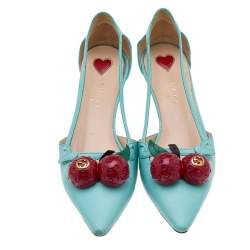 مملوكة مسبقًا Gucci Aqua Blue Leather Unia Cherry Bamboo Heel Pointed Toe Pumps Size 35