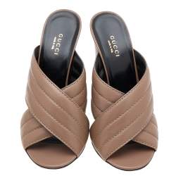 Gucci Brown Quilted Leather Criss Cross Block Heel Slide Sandals Size 38