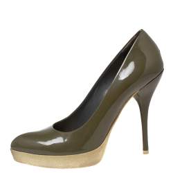 Gucci Olive Green Patent Leather Platform Pumps Size 38