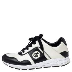 Pre Owned Gucci Black/White Leather Interlocking GG Lace Up Low Top Sneakers Size 38.5
