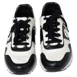 Pre Owned Gucci Black/White Leather Interlocking GG Lace Up Low Top Sneakers Size 38.5