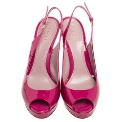 Gucci Magenta Patent Leather Peep-Toe Platform Slingback Pumps Size 38