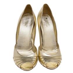 Pre Owned Gucci Metallic Gold Leather Peep Toe Pumps Size 41