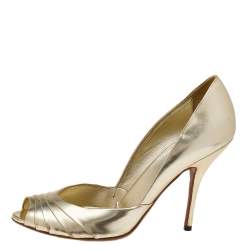Pre Owned Gucci Metallic Gold Leather Peep Toe Pumps Size 41