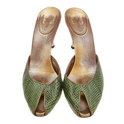 Gucci Green Snakeskin Embossed Leather Peep Toe Slide Sandals Size 41