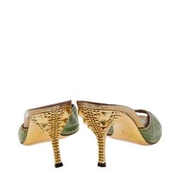 Gucci Green Snakeskin Embossed Leather Peep Toe Slide Sandals Size 41