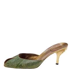Gucci Green Snakeskin Embossed Leather Peep Toe Slide Sandals Size 41