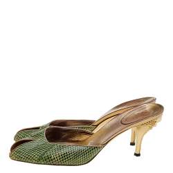 Gucci Green Snakeskin Embossed Leather Peep Toe Slide Sandals Size 41