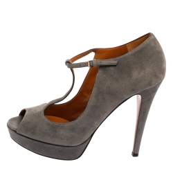 Pre Owned Gucci Grey Suede Peep-Toe Platform T-Strap Sandals Size 38