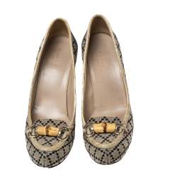 Gucci Beige/Black Canvas and Croc Embossed Leather Bamboo Horsebit Loafer Pumps Size 38