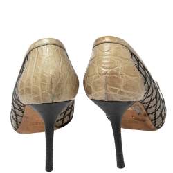 Gucci Beige/Black Canvas and Croc Embossed Leather Bamboo Horsebit Loafer Pumps Size 38