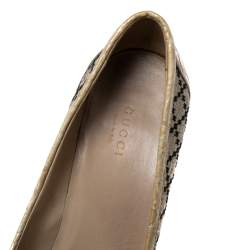 Gucci Beige/Black Canvas and Croc Embossed Leather Bamboo Horsebit Loafer Pumps Size 38