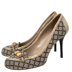 Gucci Beige/Black Canvas and Croc Embossed Leather Bamboo Horsebit Loafer Pumps Size 38