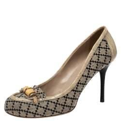 Gucci Beige/Black Canvas and Croc Embossed Leather Bamboo Horsebit Loafer Pumps Size 38