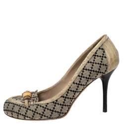 Gucci Beige/Black Canvas and Croc Embossed Leather Bamboo Horsebit Loafer Pumps Size 38