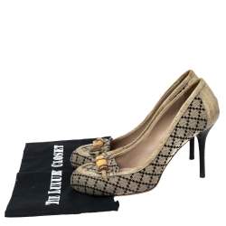 Gucci Beige/Black Canvas and Croc Embossed Leather Bamboo Horsebit Loafer Pumps Size 38