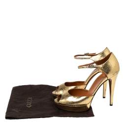 Gucci Gold Leather Ankle Strap Peep Toe Platform Sandals Size 38