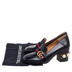 Pre Owned Gucci Black Leather Pearl Embellished Double G Web Loafer Pumps Size 38.5