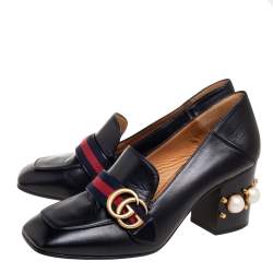 Pre Owned Gucci Black Leather Pearl Embellished Double G Web Loafer Pumps Size 38.5