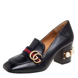 Pre Owned Gucci Black Leather Pearl Embellished Double G Web Loafer Pumps Size 38.5