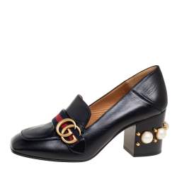 Pre Owned Gucci Black Leather Pearl Embellished Double G Web Loafer Pumps Size 38.5