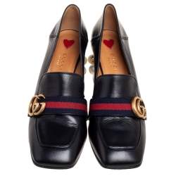 Pre Owned Gucci Black Leather Pearl Embellished Double G Web Loafer Pumps Size 38.5